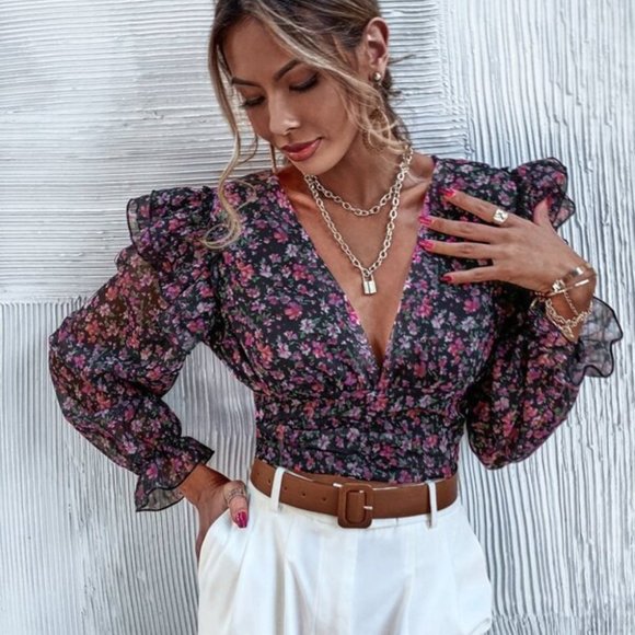 Contemporary floral ruffle detailed blouse top - Picture 5 of 10